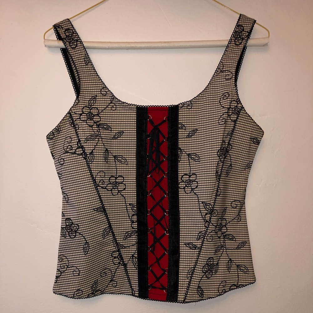 Equestrian Black and White Floral Pattern Corset Top, Size L